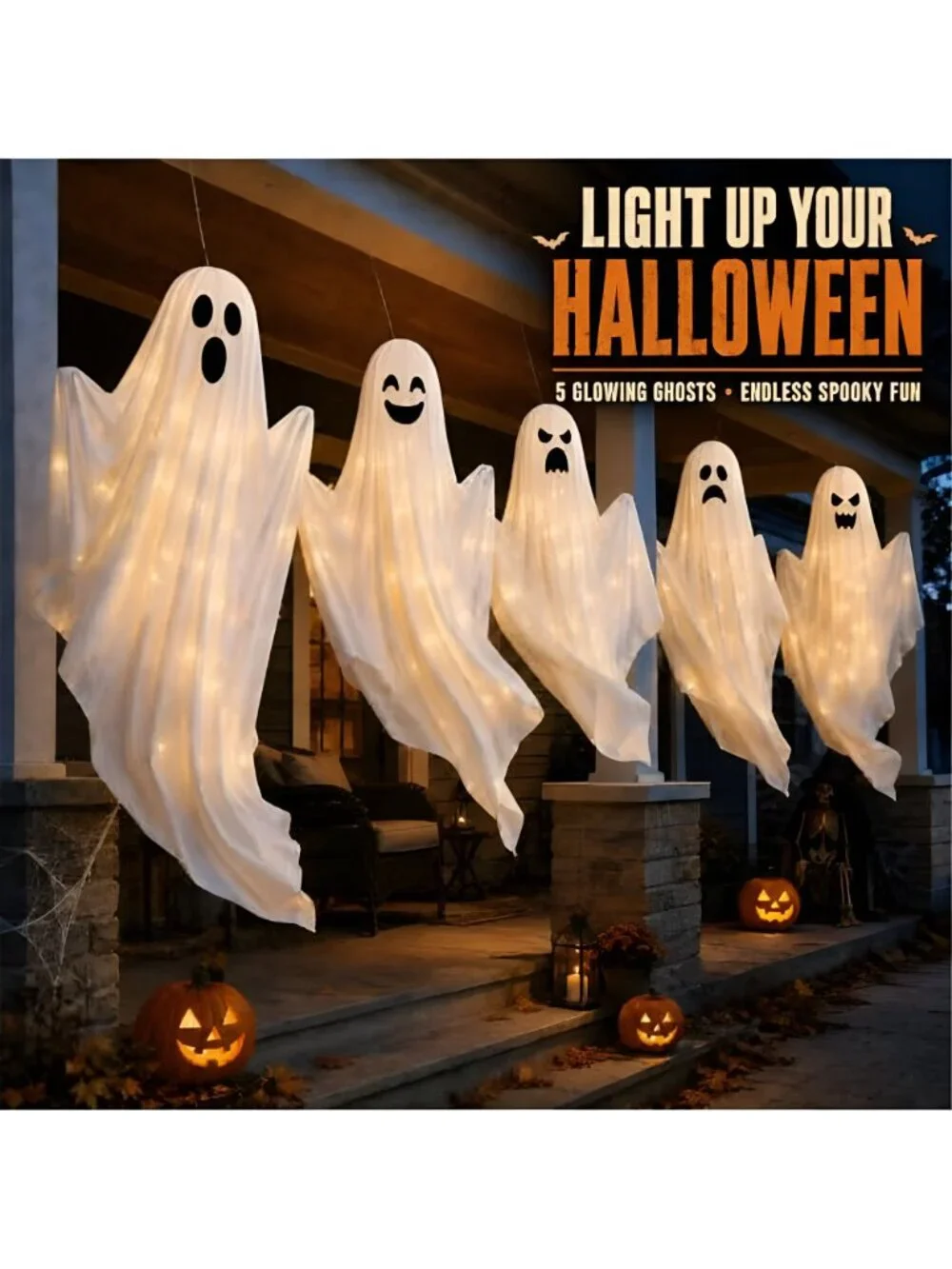 5 Pack Halloween LED Light Up Hanging Ghost Outdoor Decorations with Timer